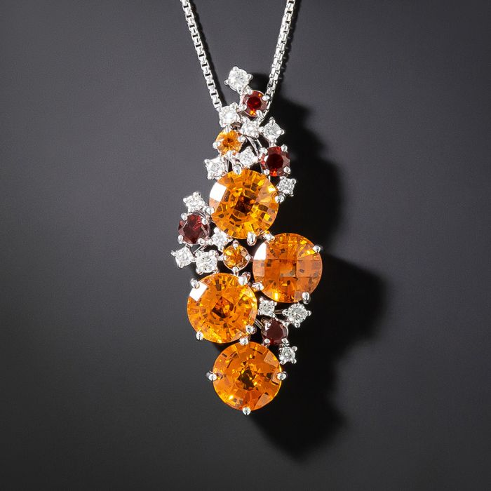 Orange Spessartite Garnet and Diamond Cluster Necklace