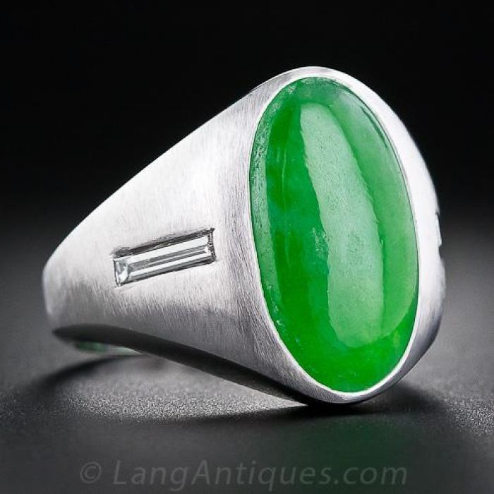 Oval Jade Cabochon and Diamond Ring