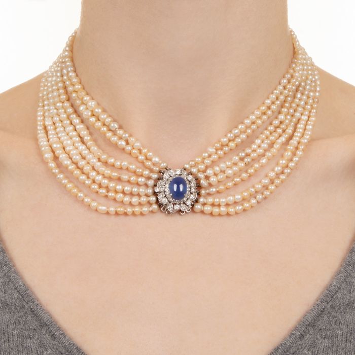 Pearl Necklace With No-Heat Carat Sapphire and Diamond Clasp