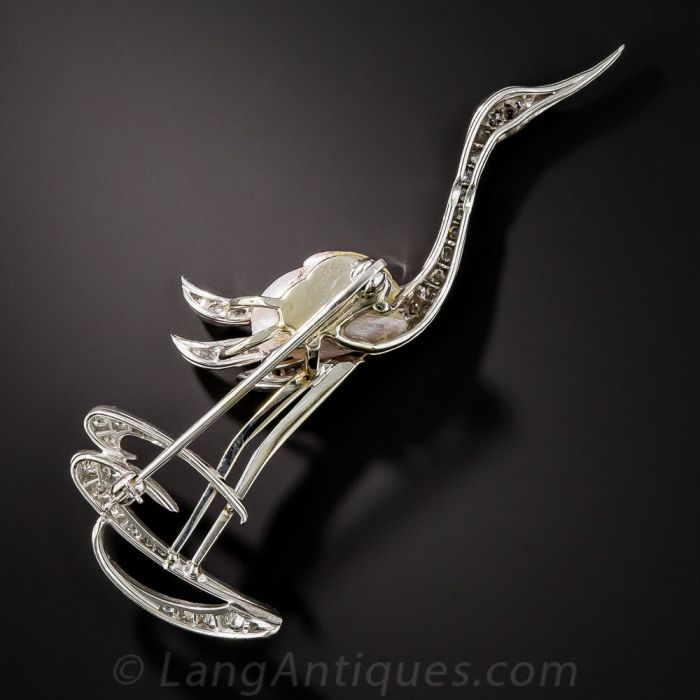 Platinum Diamond and Pearl Crane Brooch