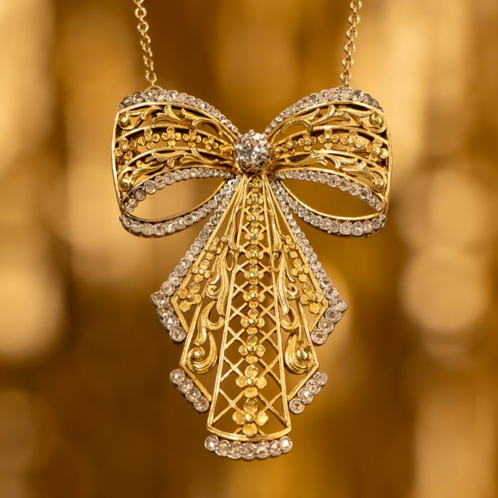 Portuguese Diamond Bow Necklace/Brooch, Circa 1900  - 7