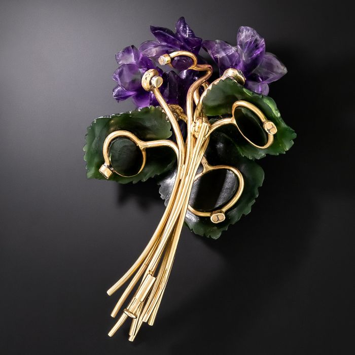 Retro Carved Amethyst and Nephrite Flower Brooch, Austria