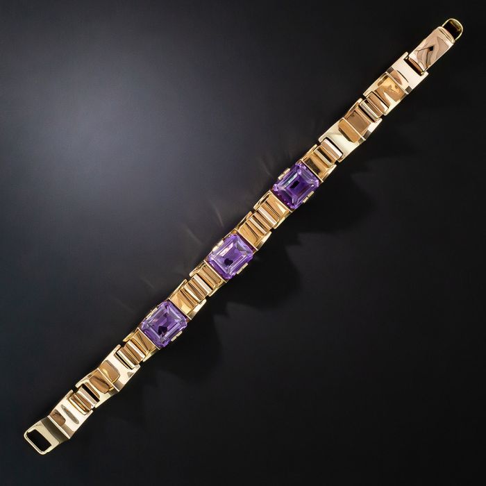 Vintage Gold Amethyst Rhinestone Bracelet, Art Deco , 2024 7 Inch