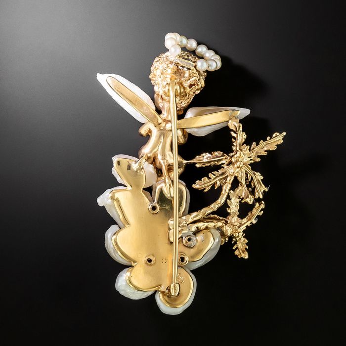 Ruser Angel Freshwater Pearl and Sapphire Brooch - Signed Vintage