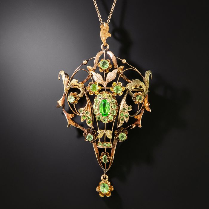 Russian Demantoid Garnet Floral Scroll Necklace Brooch