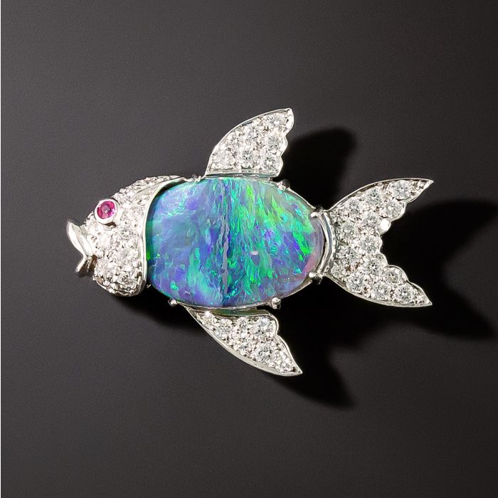 Tiffany Co. Opal Diamond and Ruby Fish Brooch