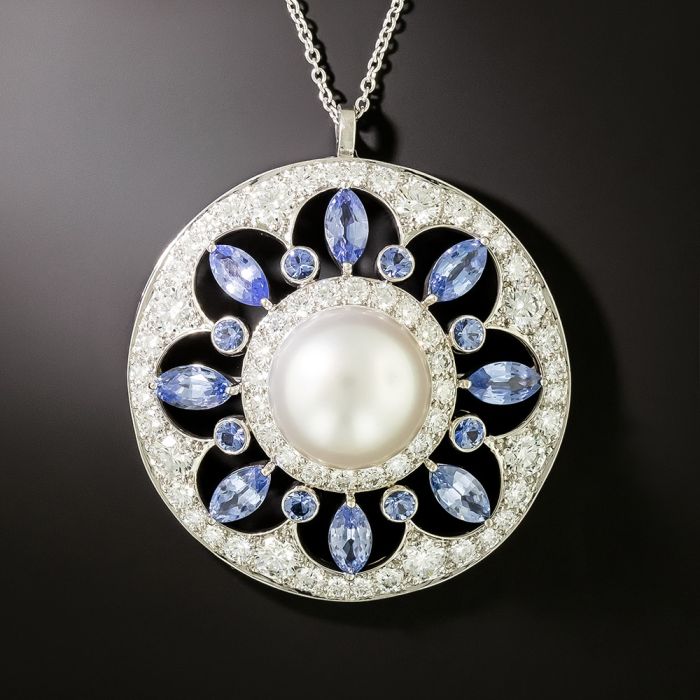 Art Deco Sapphire and Pearl 2024 Moon Pin