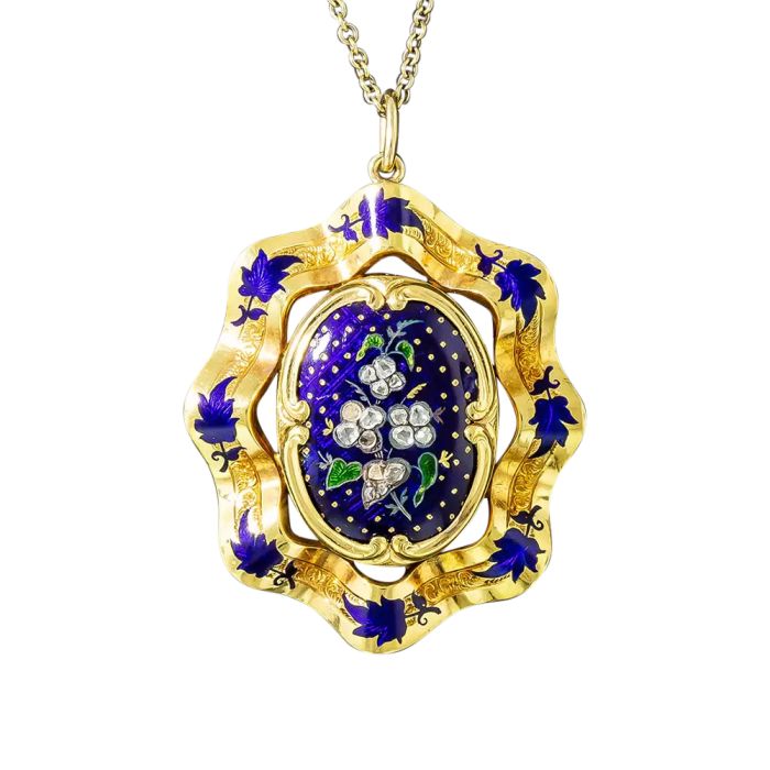 Victorian Blue Enamel Ruffled Diamond Posies Necklace