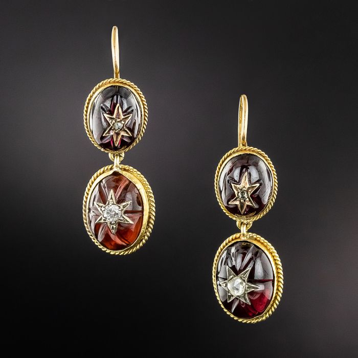 Victorian Carved Garnet with Diamond Starburst Dangle Earrings