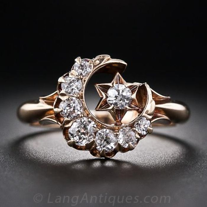 Victorian Crescent Moon and Star Diamond Ring