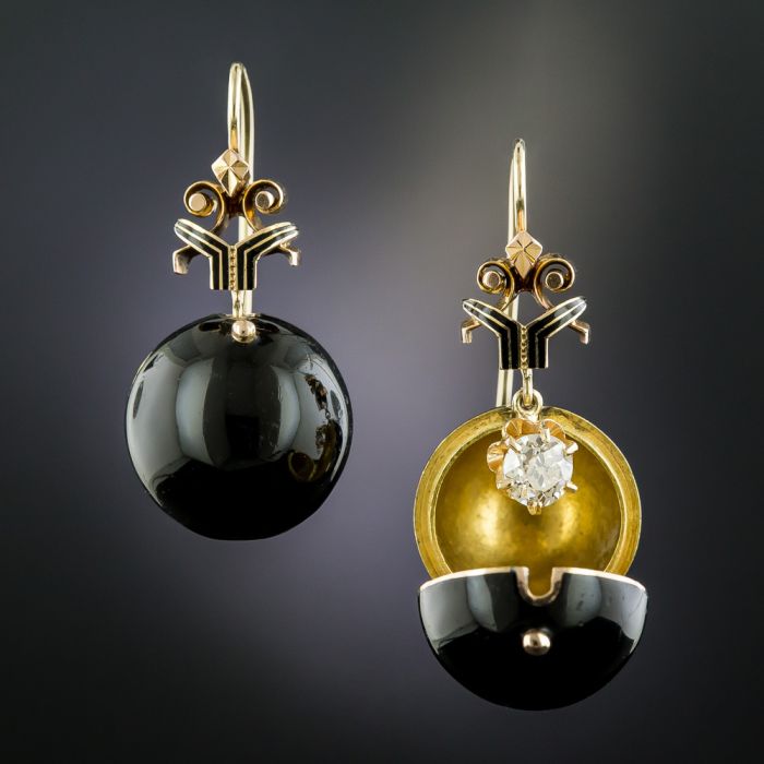 Victorian Diamond and Black Enamel Coach Cover Earrings