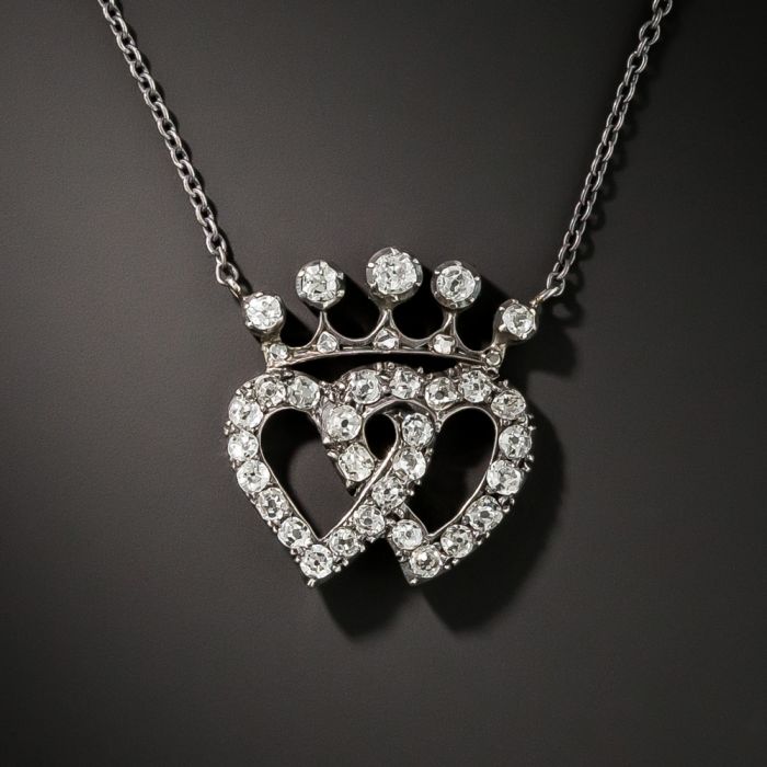 Victorian Diamond Double Heart Pendant Necklace