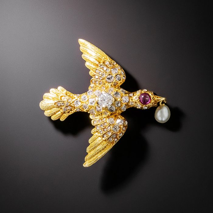 Victorian Diamond, Ruby and Pearl Bird Pin
