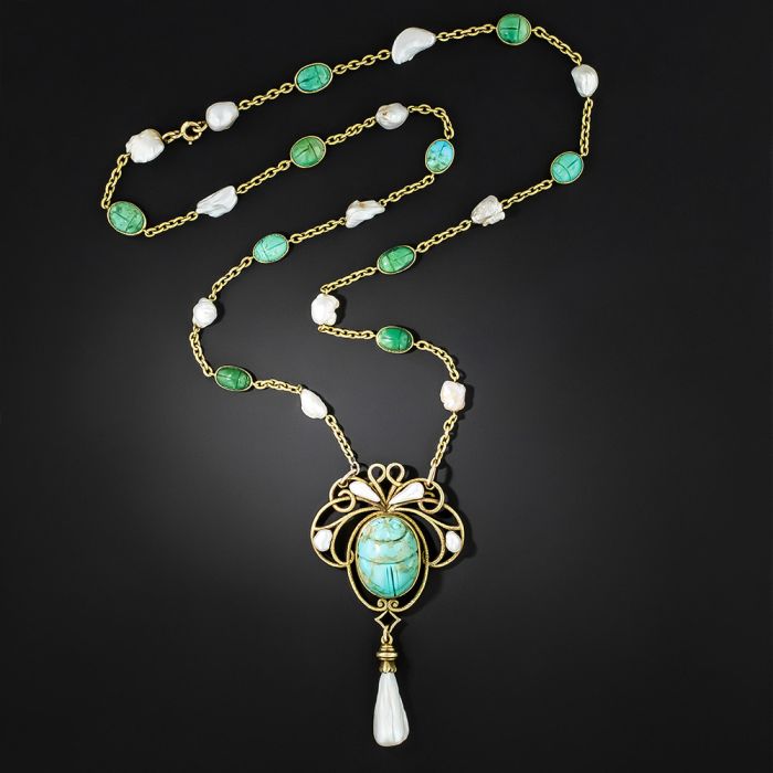 Victorian Egyptian Revival Turquoise Scarab and Natural Pearl