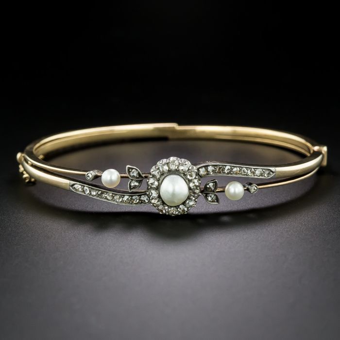 Victorian Natural Pearl and Diamond Bangle Bracelet