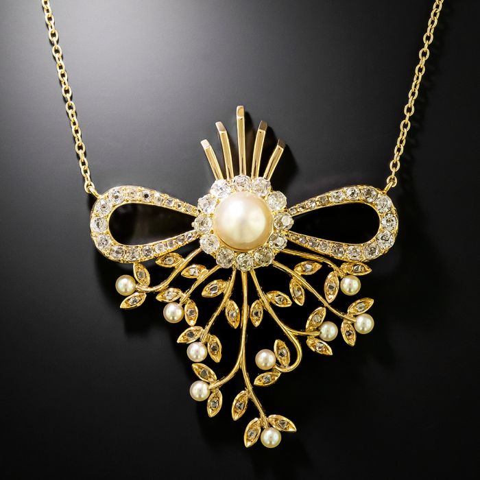 Victorian Natural Pearl and Diamond Spray 18K Pendant - GIA