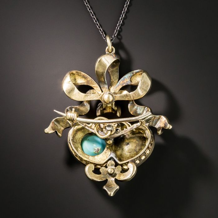 Victorian Natural Pearl, Turquoise and Diamond Double-Heart