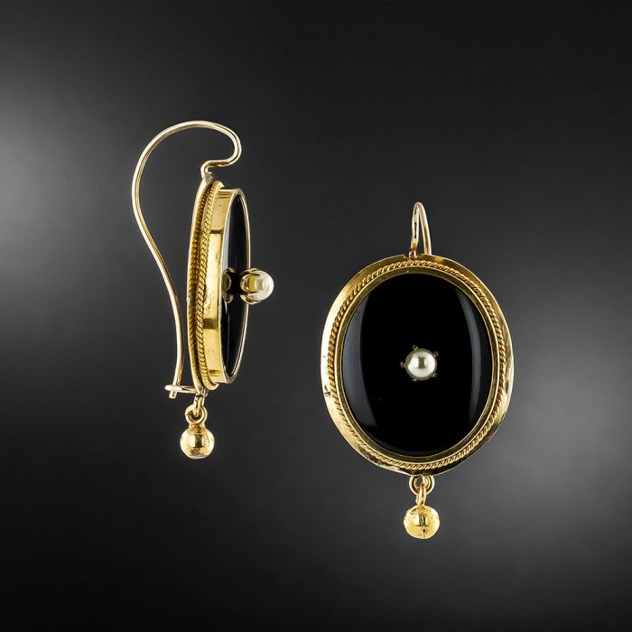 Victorian Onyx and Pearl Oval Earrings