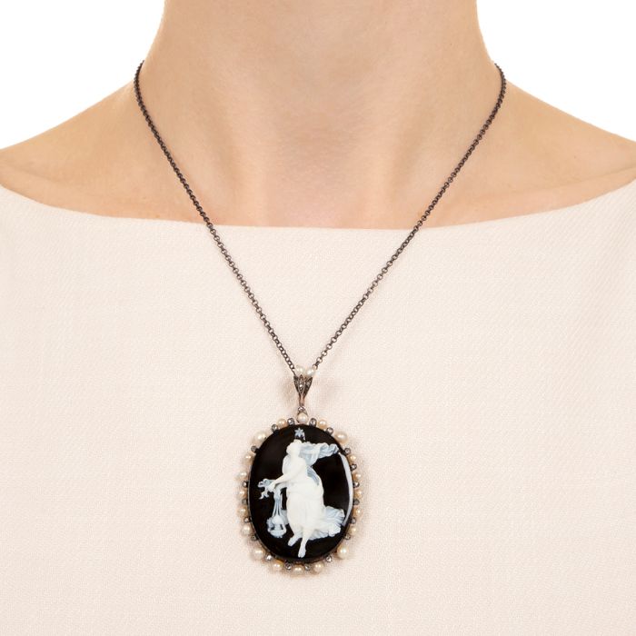 Victorian Onyx Cameo, Diamond and Pearl Necklace