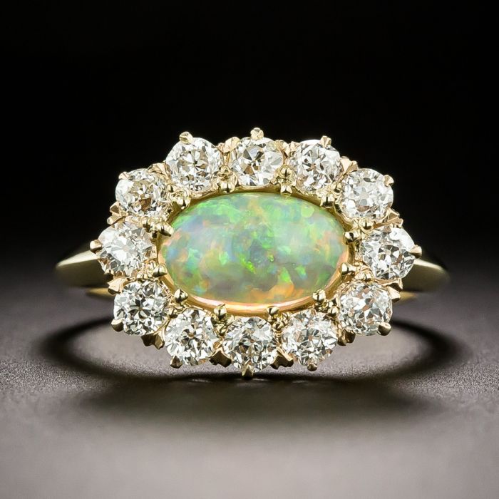 Victorian Opal and Diamond East West Halo Ring
