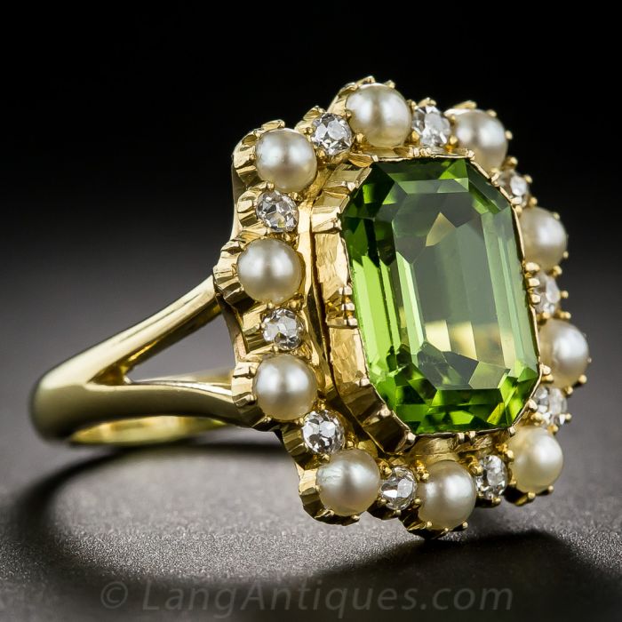 Victorian Peridot Pearl and Diamond Ring