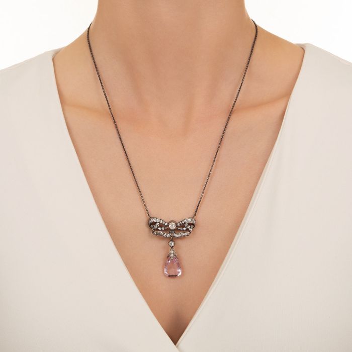 Victorian Pink Topaz and Diamond Lavaliere Necklace