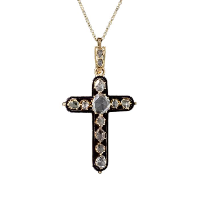 Victorian Rose-Cut Diamond Black Enamel Cross