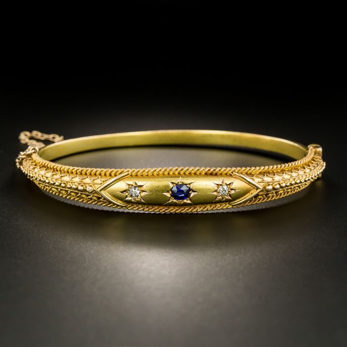 Victorian Sapphire and Diamond Etruscan Revival Bangle