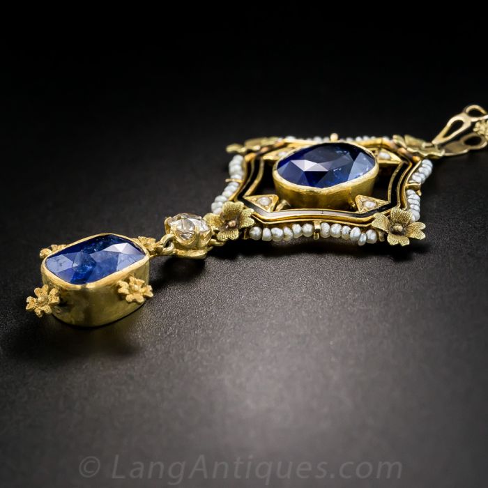 Victorian Sapphire, Diamond and Seed Pearl Pendant Necklace