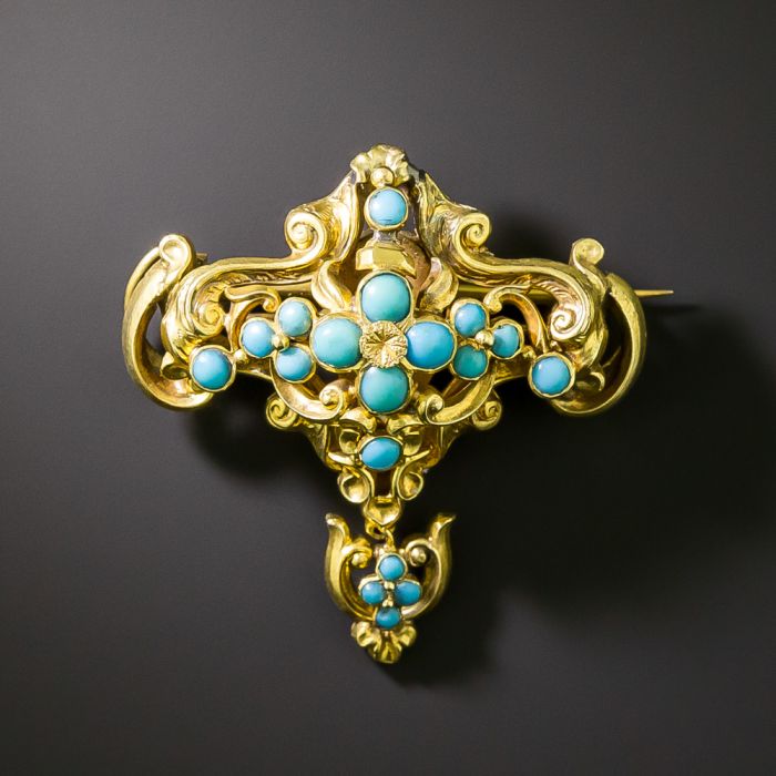 Broche De Col XIXe Siècle - Trèfle En Laiton Doré Avec émail Turquoise Et Vert - 18x18 Mm