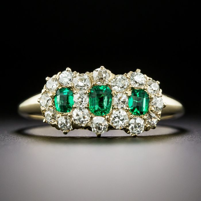 Victorian Three Stone Emerald and Diamond Ring