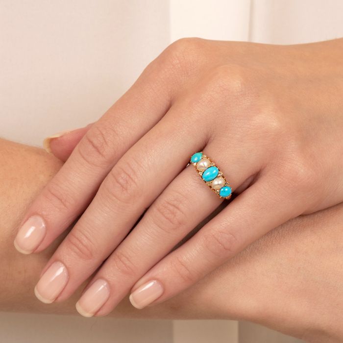 Victorian Turquoise, Natural Pearl and Diamond Ring - England c.1903