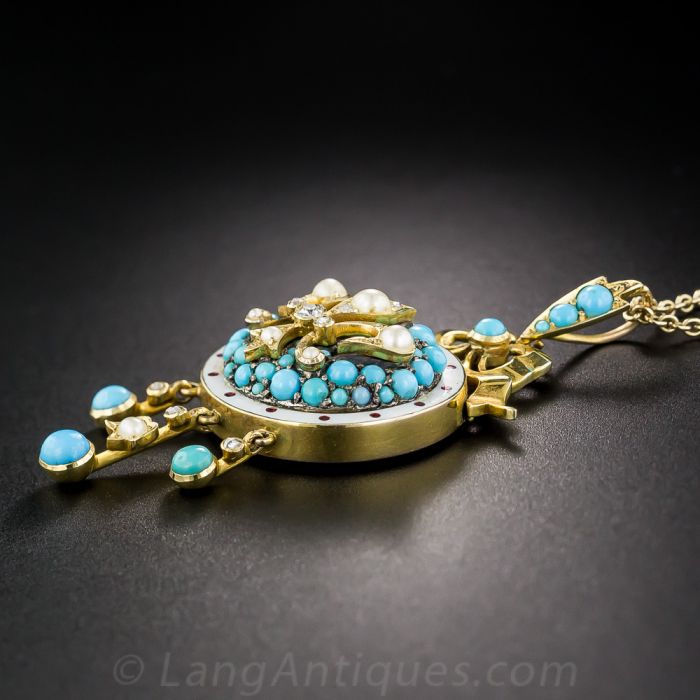 Victorian, Turquoise, Seed Pearl and Enamel, Fleur-de-Lis Necklace