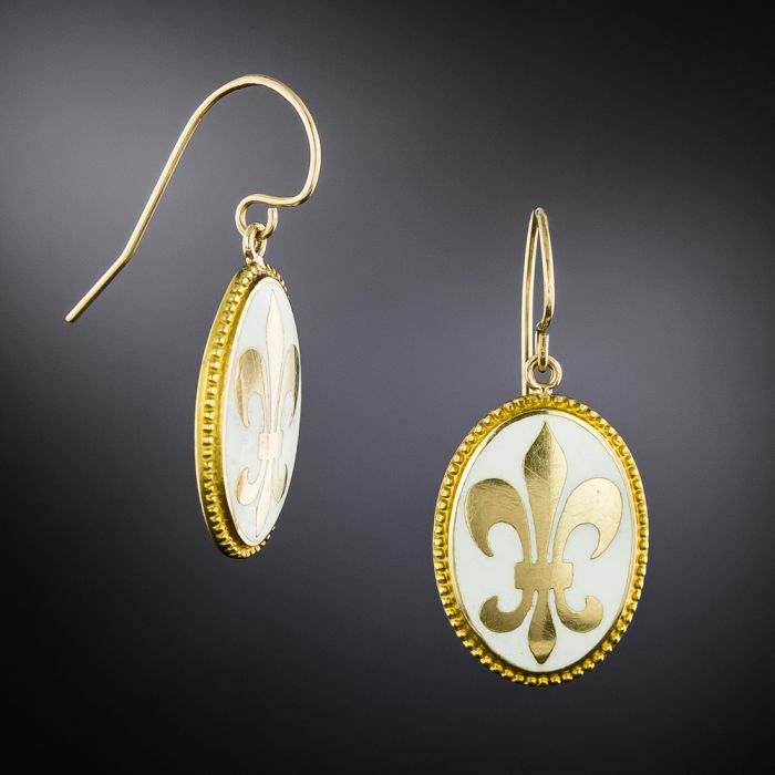 Lang Antiques Victorian White Enamel Fleur De Lys Earrings