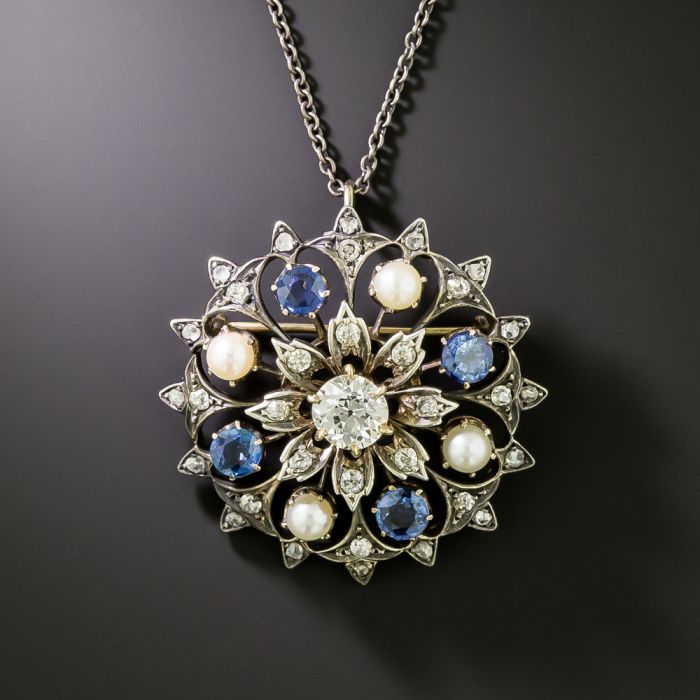 Victorian Yogo Sapphire Pearl and Diamond Flower Pendant Brooch