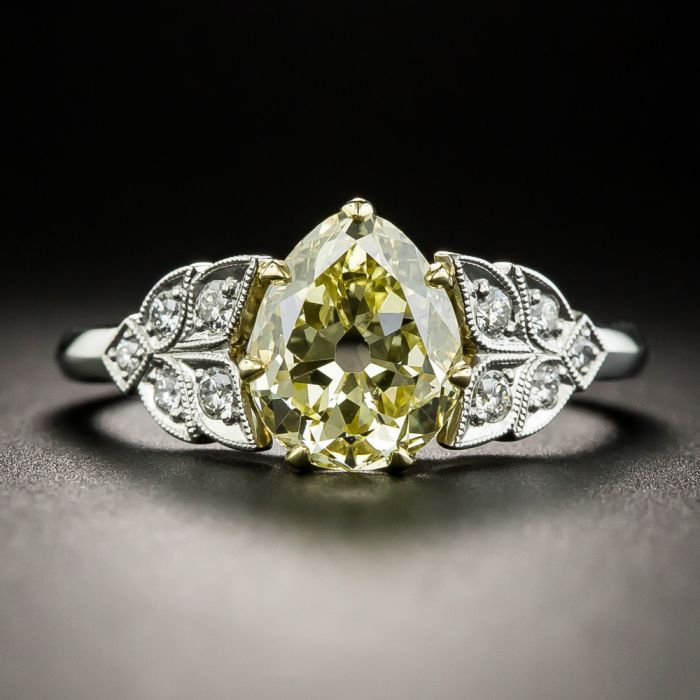 Vintage 1.70 Carat Natural Fancy Yellow Antique Pear Shape Diamond Ring GIA