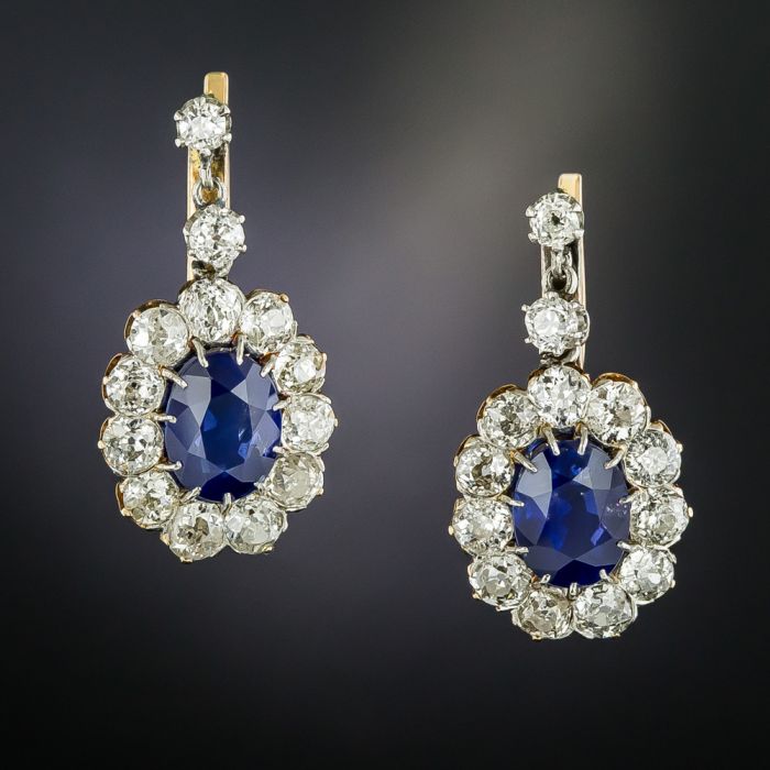 Vintage 5.60 Carat Sapphire and Diamond Drop Earrings GIA