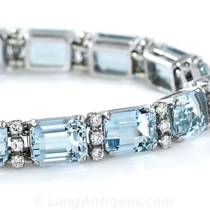 Vintage Aquamarine Platinum and Diamond LIne Bracelet