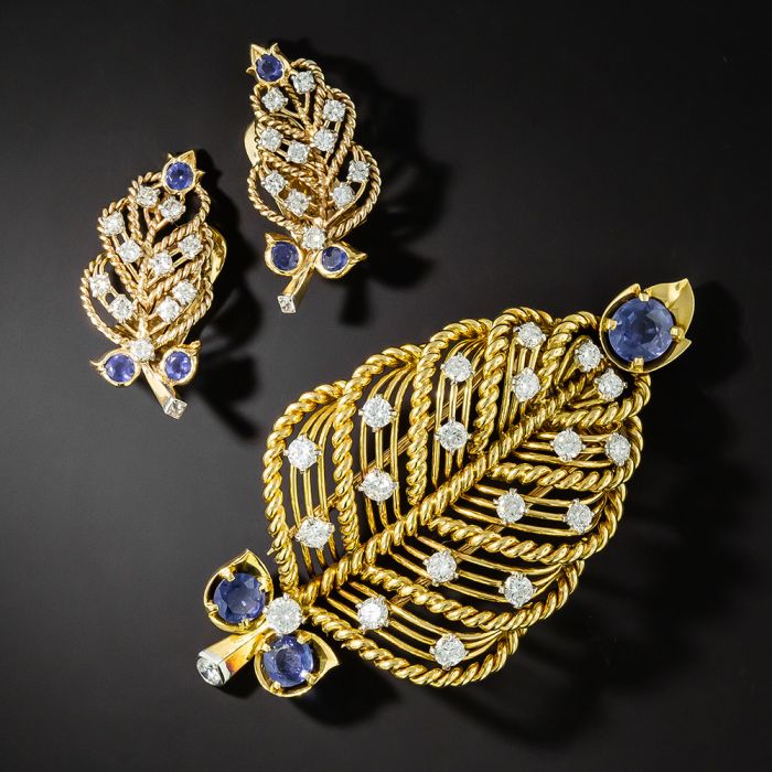 Vintage Cartier Sapphire and Diamond Brooch and Earring Set