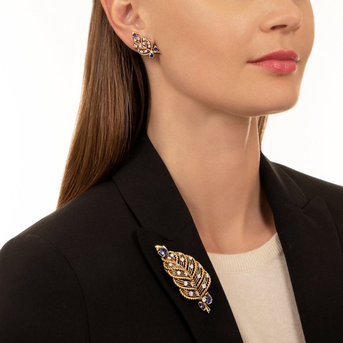 Vintage Cartier Sapphire and Diamond Brooch and Earring Set Archive