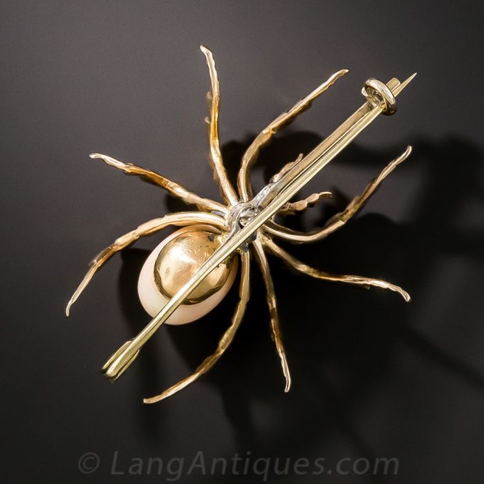 Vintage Coral and Pearl Spider Brooch