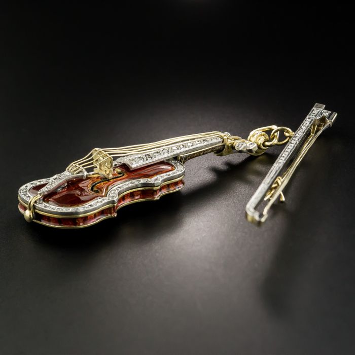 Lang Antiques Vintage Enamel and Diamond Violin Bow Brooch