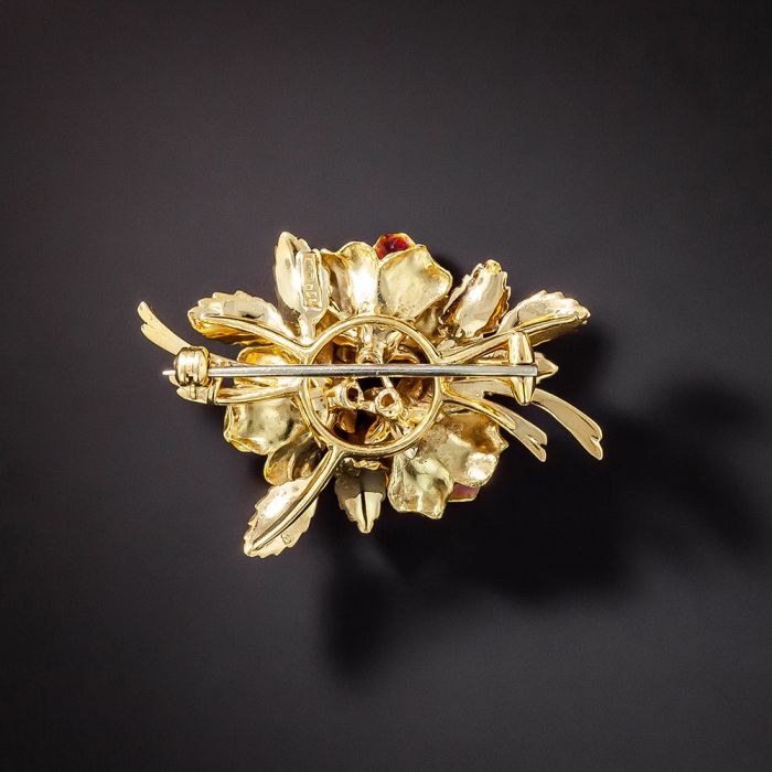 Vintage Enamel Flower and Diamond Brooch
