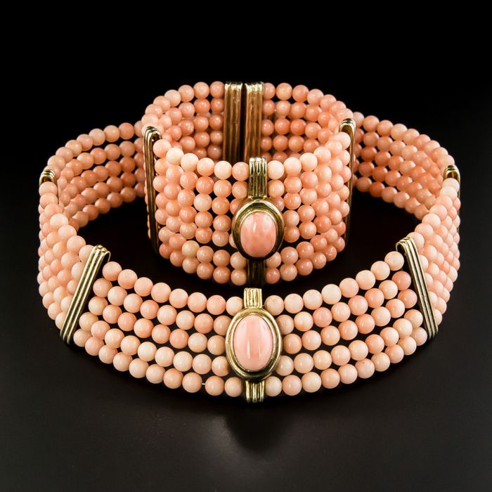 Vintage Italian Coral Bead Spring Choker and Bracelet