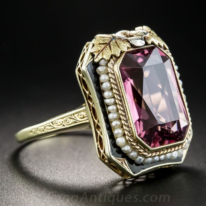 Vintage Pink Tourmaline Seed Pearl and Enamel Ring