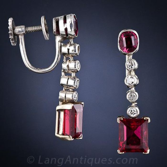 Vintage Red Spinel Drop Earrings in Platinum