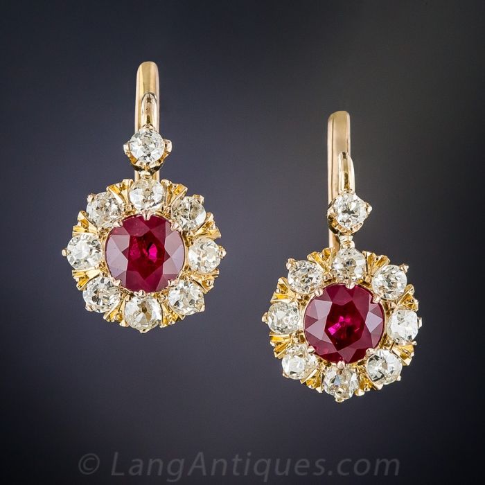 Vintage Ruby and Diamond Halo Cluster Earrings