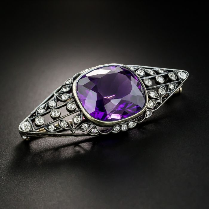 Broche Vintage Ronde - Cristaux Type Diamant Et Améthyste Sur Fond Doré - État Correct - Sans Marque