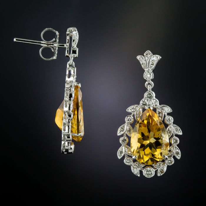 Vintage Art Deco Statement Jewelry Set - Gold Tone Necklace & Earrings With Amber Rhinestones - View #6