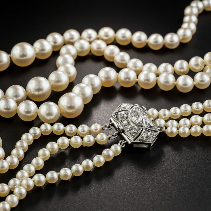 Vintage Triple Strand Cultured Pearl and Diamond Necklace